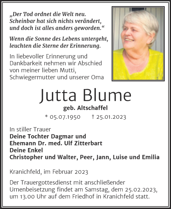 Traueranzeige von Jutta Blume von Trauerkombi Aschersleben