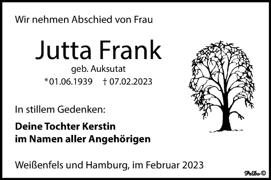 Traueranzeige von Jutta Frank von Trauerkombi Weißenfels