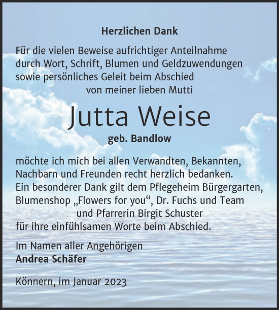 Traueranzeige von Jutta Weise von Trauerkombi Bernburg