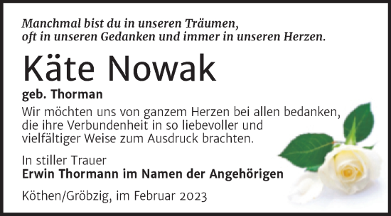 Traueranzeige von Käte Nowak von Trauerkombi Köthen