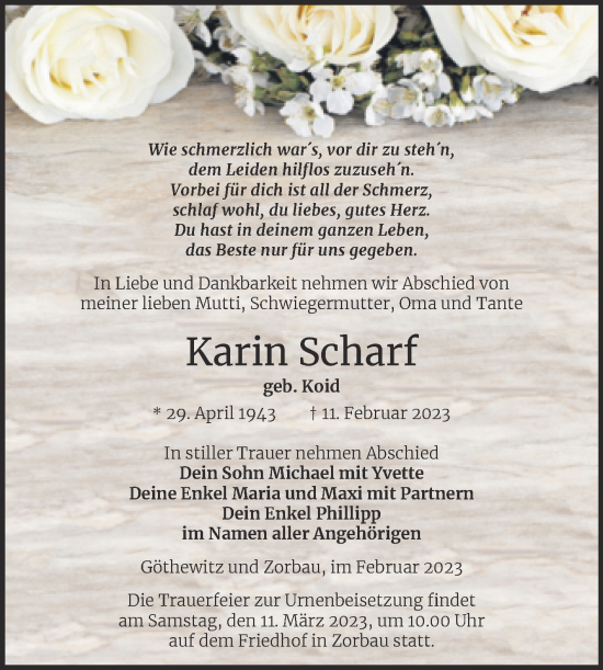 Traueranzeige von Karin Scharf von Trauerkombi Weißenfels