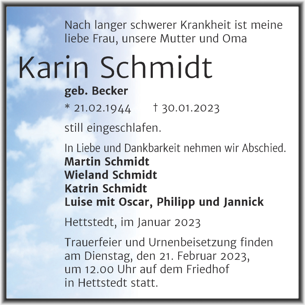  Traueranzeige für Karin Schmidt vom 04.02.2023 aus Trauerkombi Mansfelder Land