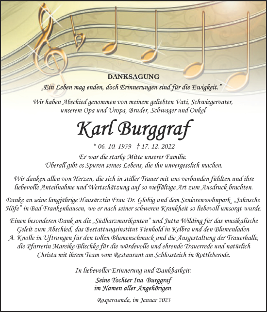 Traueranzeige von Karl Burggraf von Trauerkombi Sangerhausen