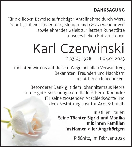 Traueranzeige von Karl Czerwinski von Wochenspiegel Naumburg/Nebra