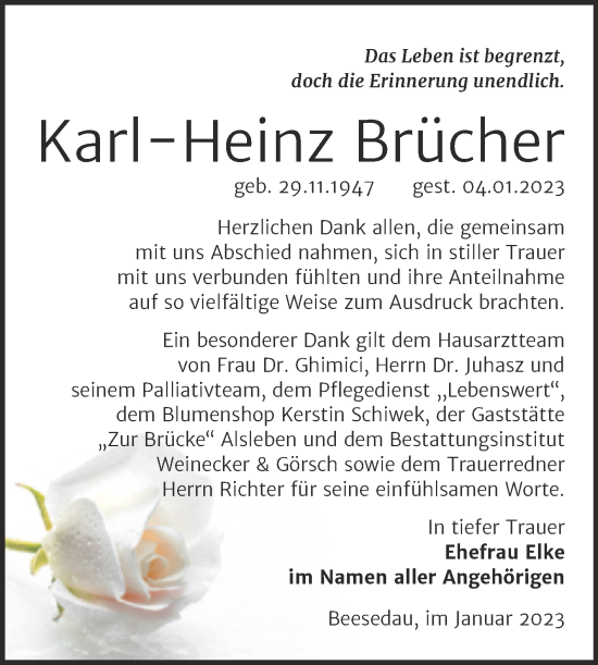 Traueranzeige von Karl-Heinz Brücher von Trauerkombi Bernburg