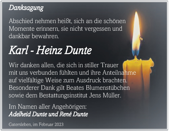 Traueranzeige von Karl-Heinz Dunte von Trauerkombi Aschersleben