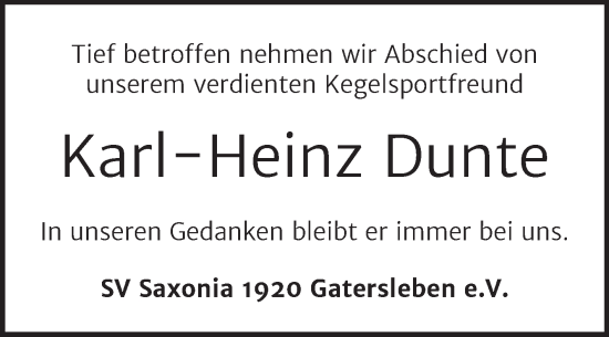 Traueranzeige von Karl-Heinz Dunte von Trauerkombi Aschersleben