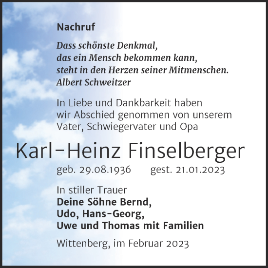 Traueranzeige von Karl-Heinz Finselberger von Trauerkombi Wittenberg