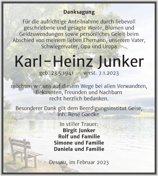 Traueranzeige von Karl-Heinz Junker von Trauerkombi Dessau