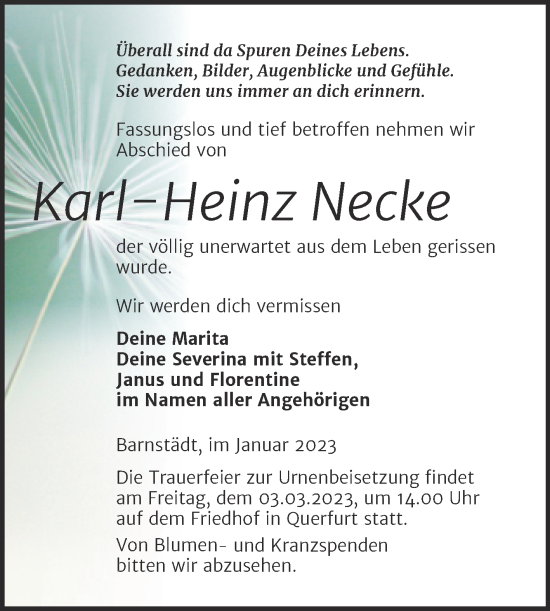 Traueranzeige von Karl-Heinz Necke von Trauerkombi Merseburg