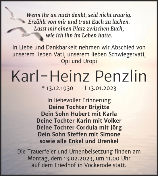 Traueranzeige von Karl-Heinz Penzlin von Trauerkombi Wittenberg