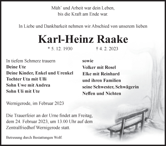 Traueranzeige von Karl-Heinz Raake von Super Sonntag Quedlingburg