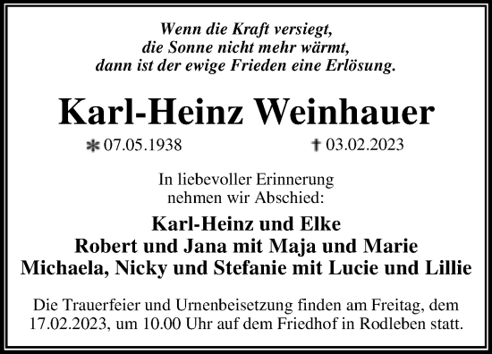 Traueranzeige von Karl-Heinz Weinhauer von Trauerkombi Dessau