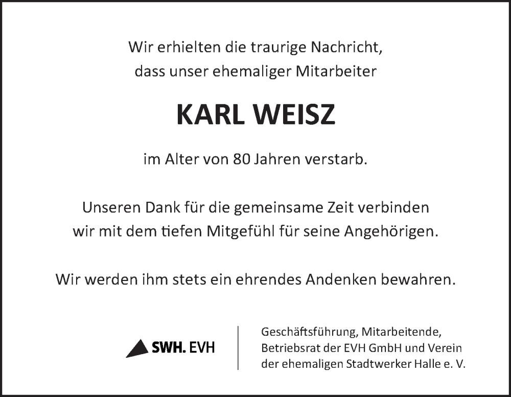  Traueranzeige für Karl Weisz vom 09.02.2023 aus Mitteldeutsche Zeitung Halle/Saalkreis