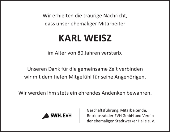 Traueranzeige von Karl Weisz von Mitteldeutsche Zeitung Halle/Saalkreis