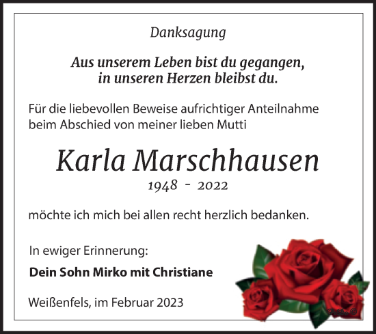 Traueranzeige von Karla Marschhausen von Trauerkombi Weißenfels