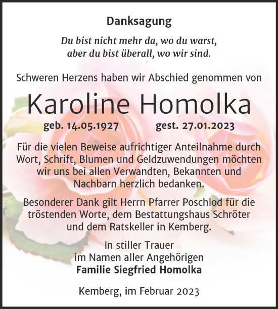 Traueranzeige von Karoline Homolka von Trauerkombi Wittenberg