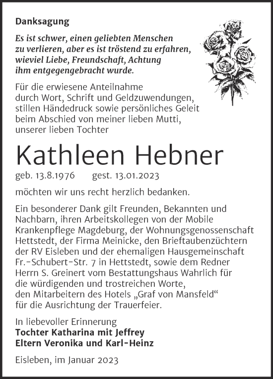 Traueranzeige von Kathleen Hebner von Trauerkombi Mansfelder Land