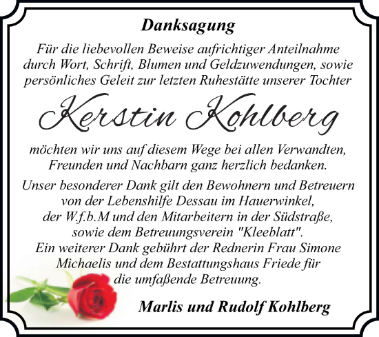 Traueranzeige von Kerstin Kohlberg von Trauerkombi Dessau