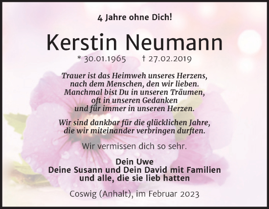 Traueranzeige von Kerstin Neumann von Trauerkombi Wittenberg