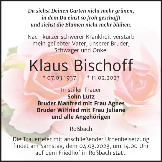 Traueranzeige von Klaus Bischoff von Wochenspiegel Naumburg/Nebra