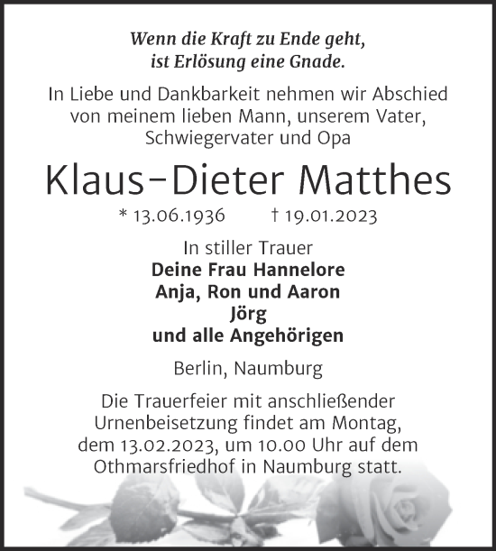 Traueranzeige von Klaus-Dieter Matthes von Wochenspiegel Naumburg/Nebra