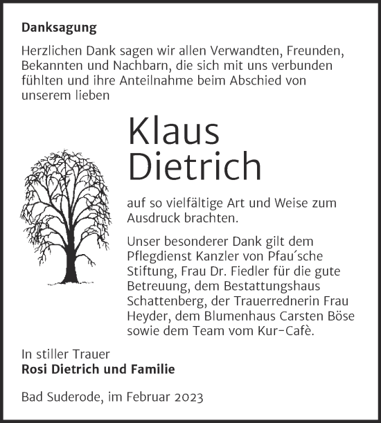 Traueranzeige von Klaus Dietrich von Trauerkombi Quedlinburg