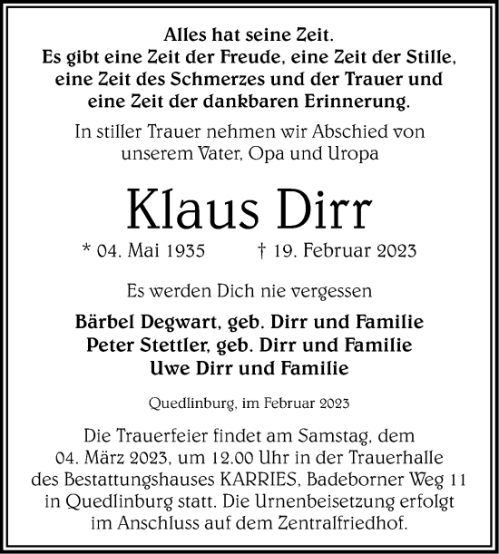 Traueranzeige von Klaus Dirr von Trauerkombi Quedlinburg