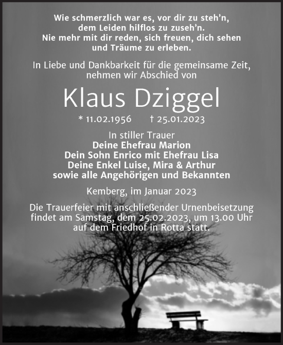 Traueranzeige von Klaus Dziggel von Trauerkombi Wittenberg