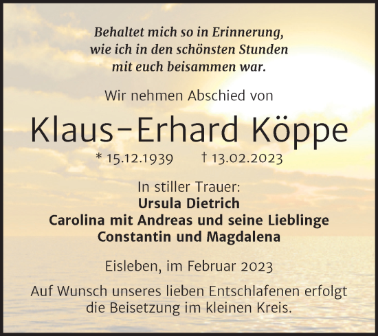 Traueranzeige von Klaus-Erhard Köppe von Trauerkombi Mansfelder Land