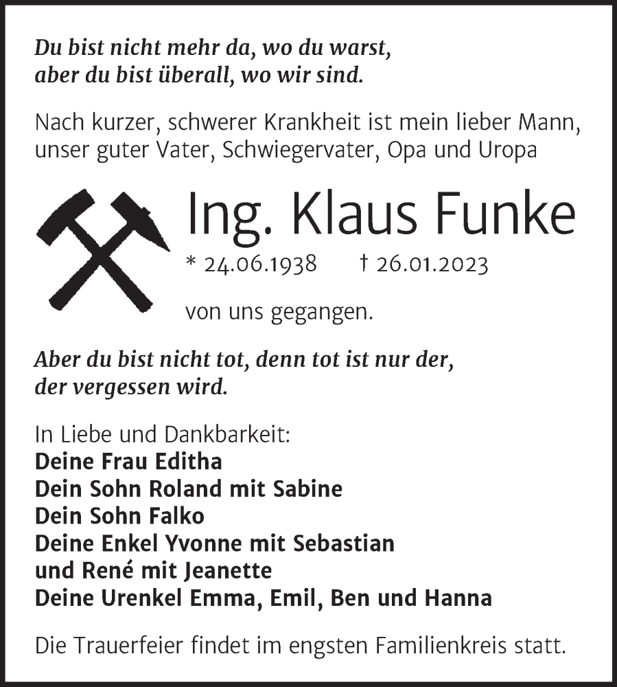  Traueranzeige für Klaus Funke vom 04.02.2023 aus Trauerkombi Aschersleben