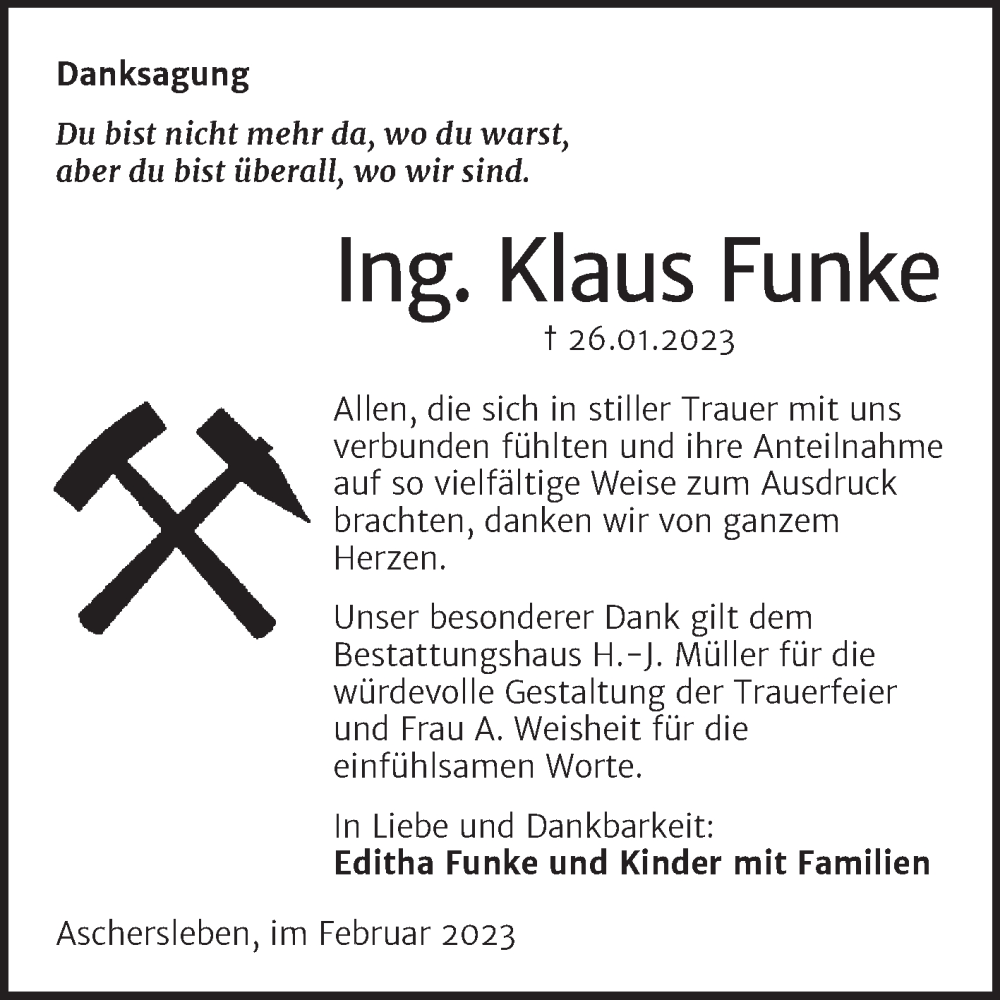  Traueranzeige für Klaus Funke vom 24.02.2023 aus Trauerkombi Aschersleben