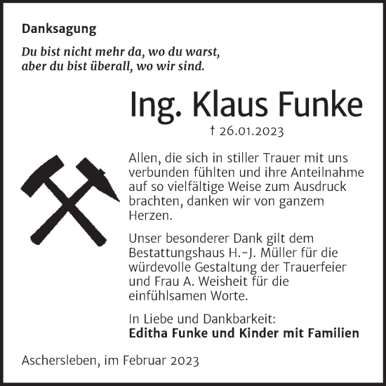 Traueranzeige von Klaus Funke von Trauerkombi Aschersleben