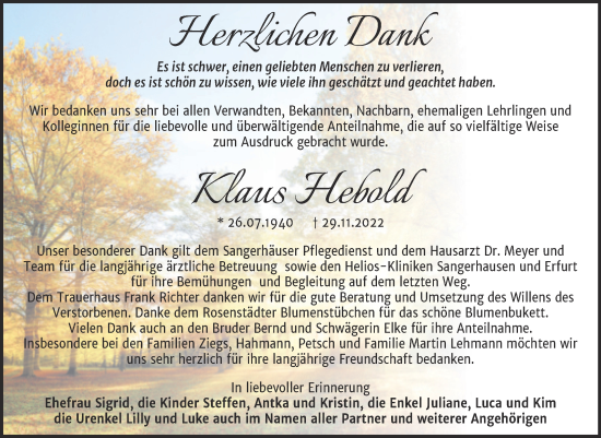 Traueranzeige von Klaus Hebold von Trauerkombi Sangerhausen
