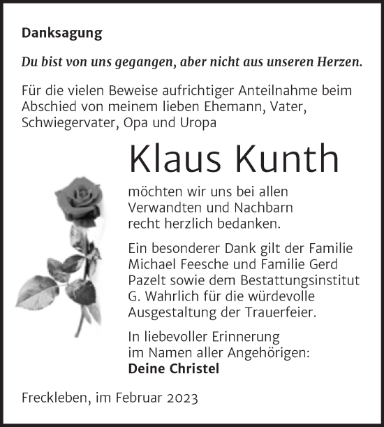 Traueranzeige von Klaus Kunth von Trauerkombi Aschersleben