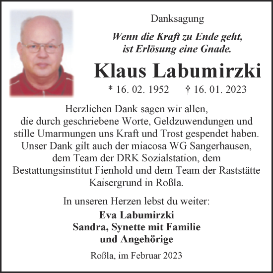 Traueranzeige von Klaus Labumirzki von Trauerkombi Sangerhausen
