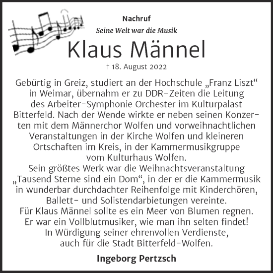 Traueranzeige von Klaus Männel von Trauerkombi Bitterfeld