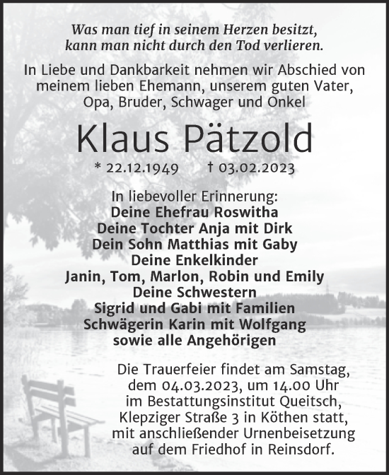 Traueranzeige von Klaus Pätzold von Trauerkombi Köthen