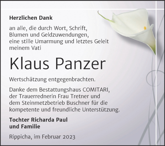 Traueranzeige von Klaus Panzer von Trauerkombi Zeitz