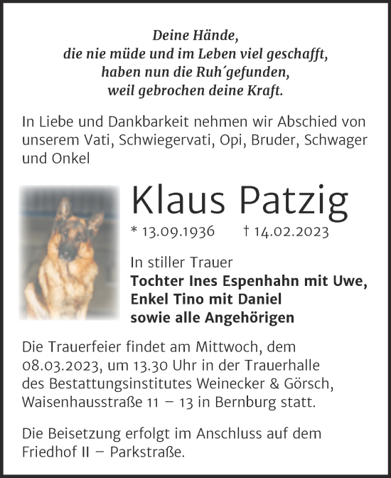 Traueranzeige von Klaus Patzig von Trauerkombi Bernburg
