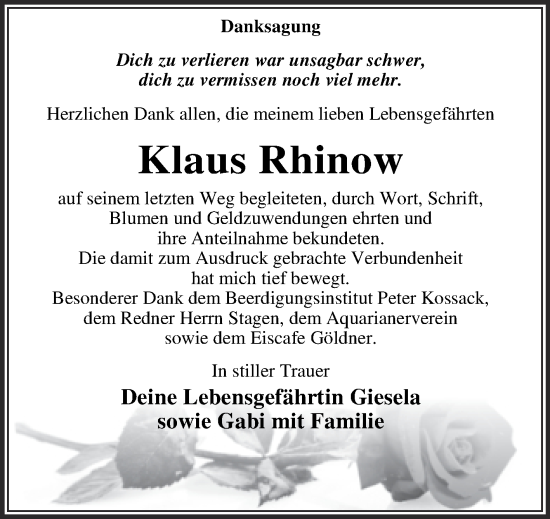 Traueranzeige von Klaus Rhinow von Trauerkombi Dessau