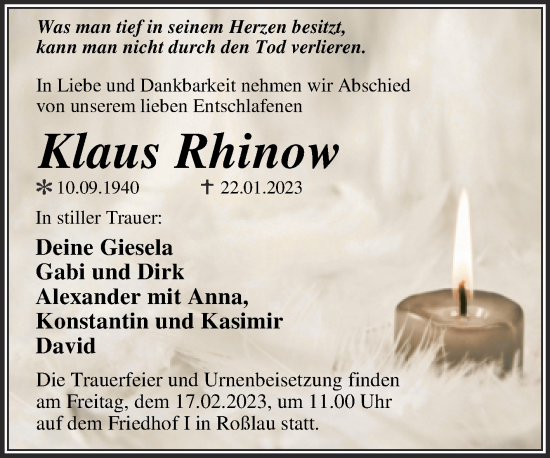 Traueranzeige von Klaus Rhinow von Trauerkombi Dessau