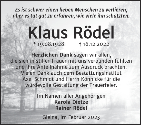 Traueranzeige von Klaus Rödel von Wochenspiegel Naumburg/Nebra