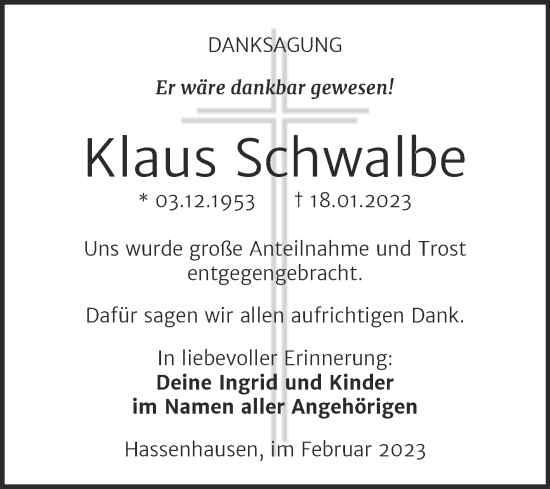 Traueranzeige von Klaus Schwalbe von Wochenspiegel Naumburg/Nebra