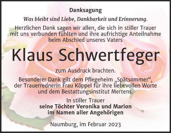 Traueranzeige von Klaus Schwertfeger von Wochenspiegel Naumburg/Nebra