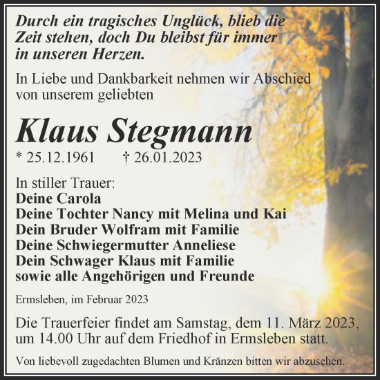 Traueranzeige von Klaus Stegmann von Trauerkombi Quedlinburg