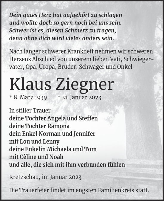 Traueranzeige von Klaus Ziegner von Trauerkombi Zeitz