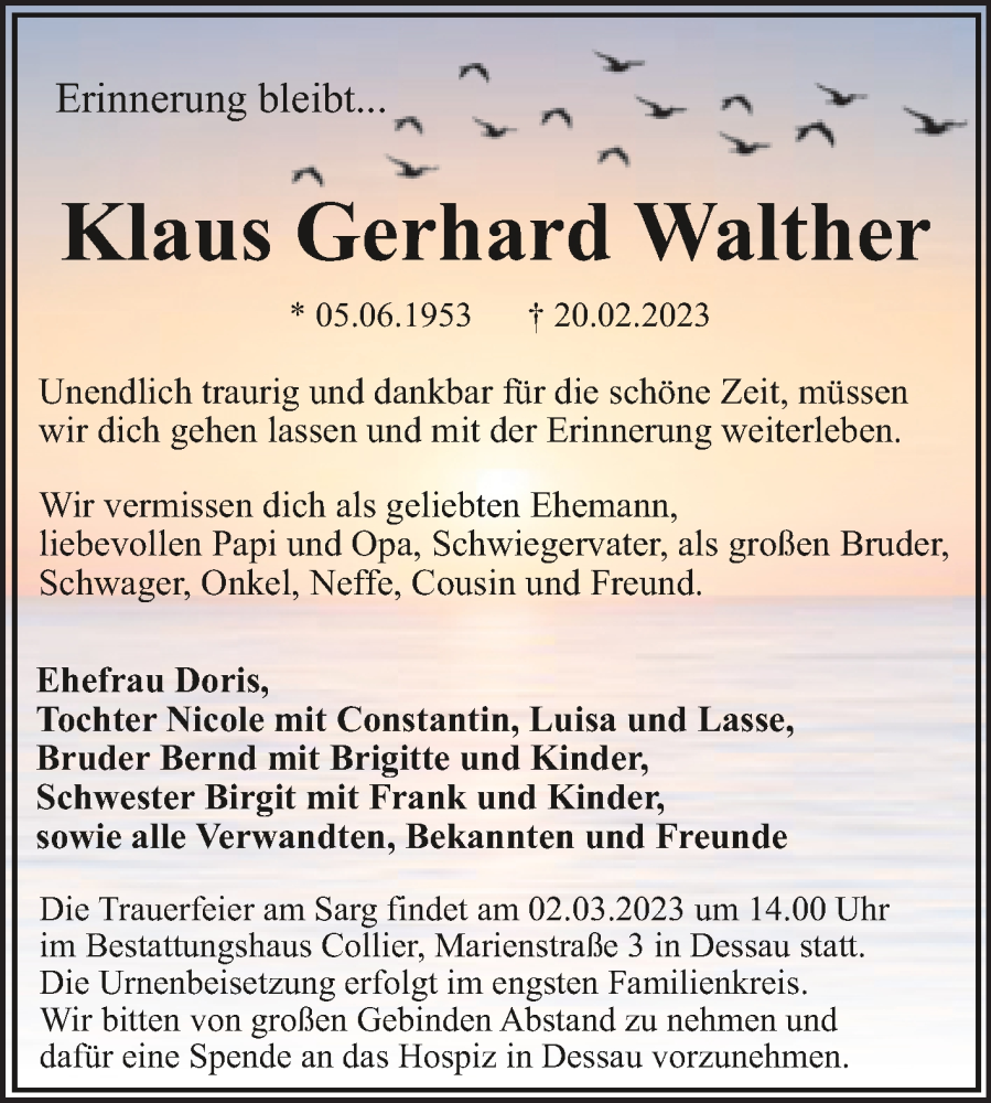  Traueranzeige für Klaus Gerhard Walther vom 25.02.2023 aus Trauerkombi Dessau