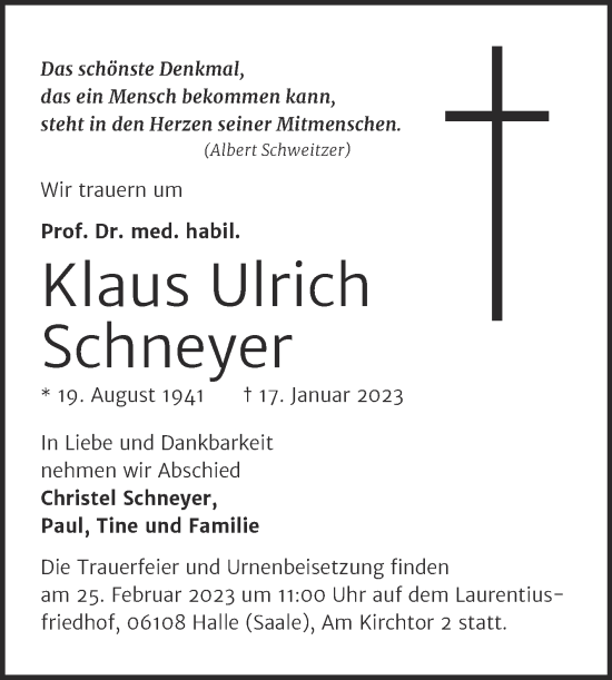 Traueranzeige von Klaus Ulrich Schneyer von Mitteldeutsche Zeitung Halle/Saalkreis