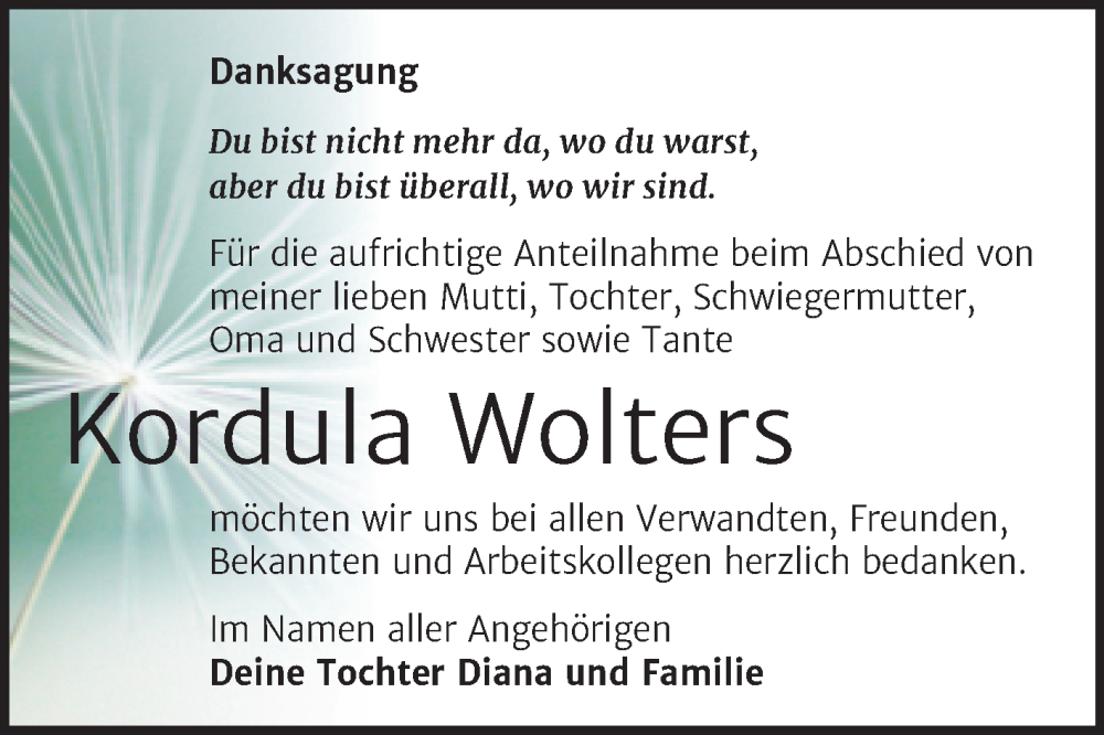  Traueranzeige für Kordula Wolters vom 11.02.2023 aus Trauerkombi Wittenberg